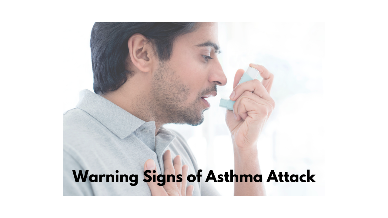Warning signs are symptoms that someone is having difficulty with asthma. Symptoms of an asthma attack may include shortness of breath, cough, feeling tired or weak, itchy chin or throat or watery eyes